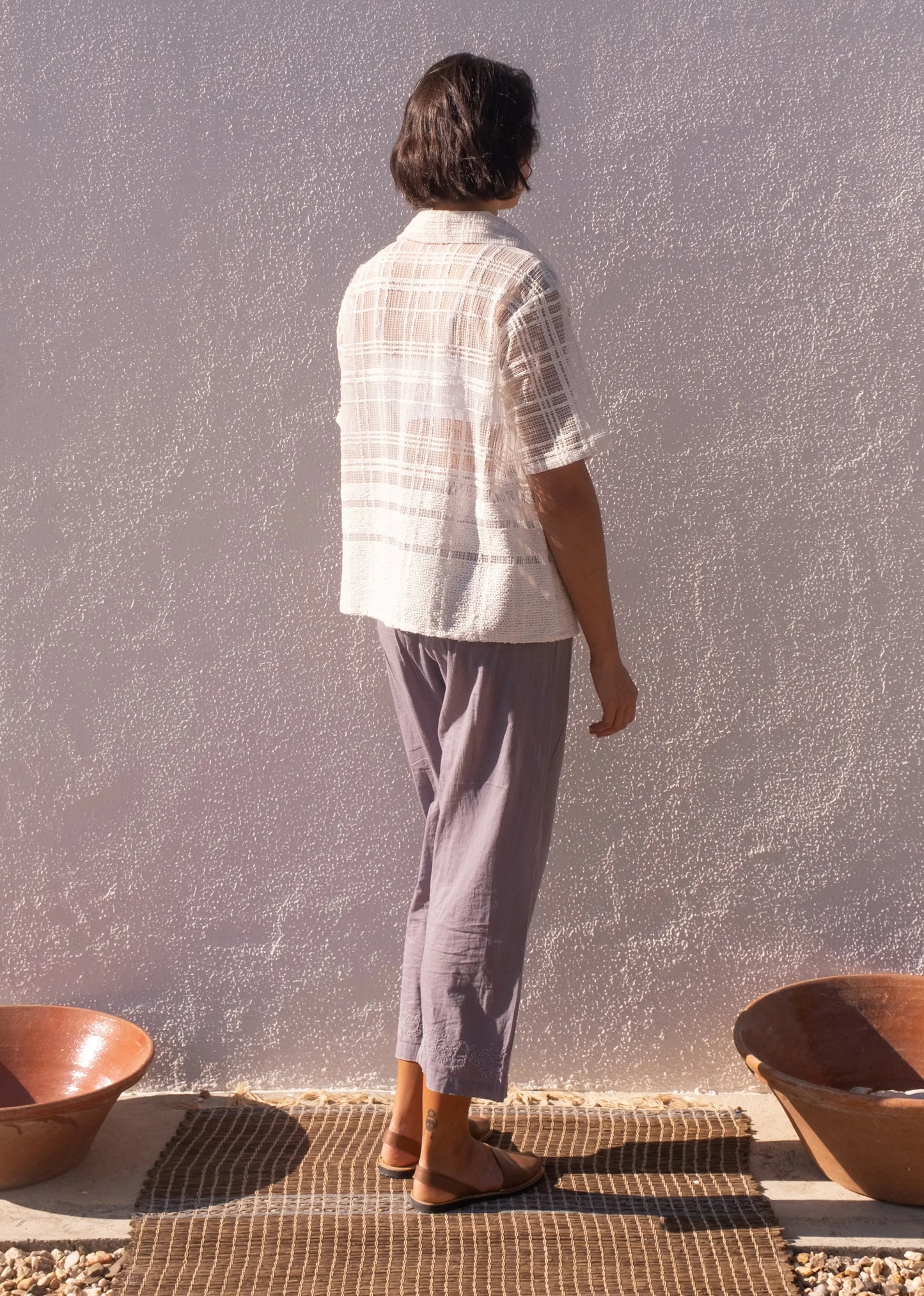 CAMISA MANGA CORTA CUADROS ENCAJE GRUESO